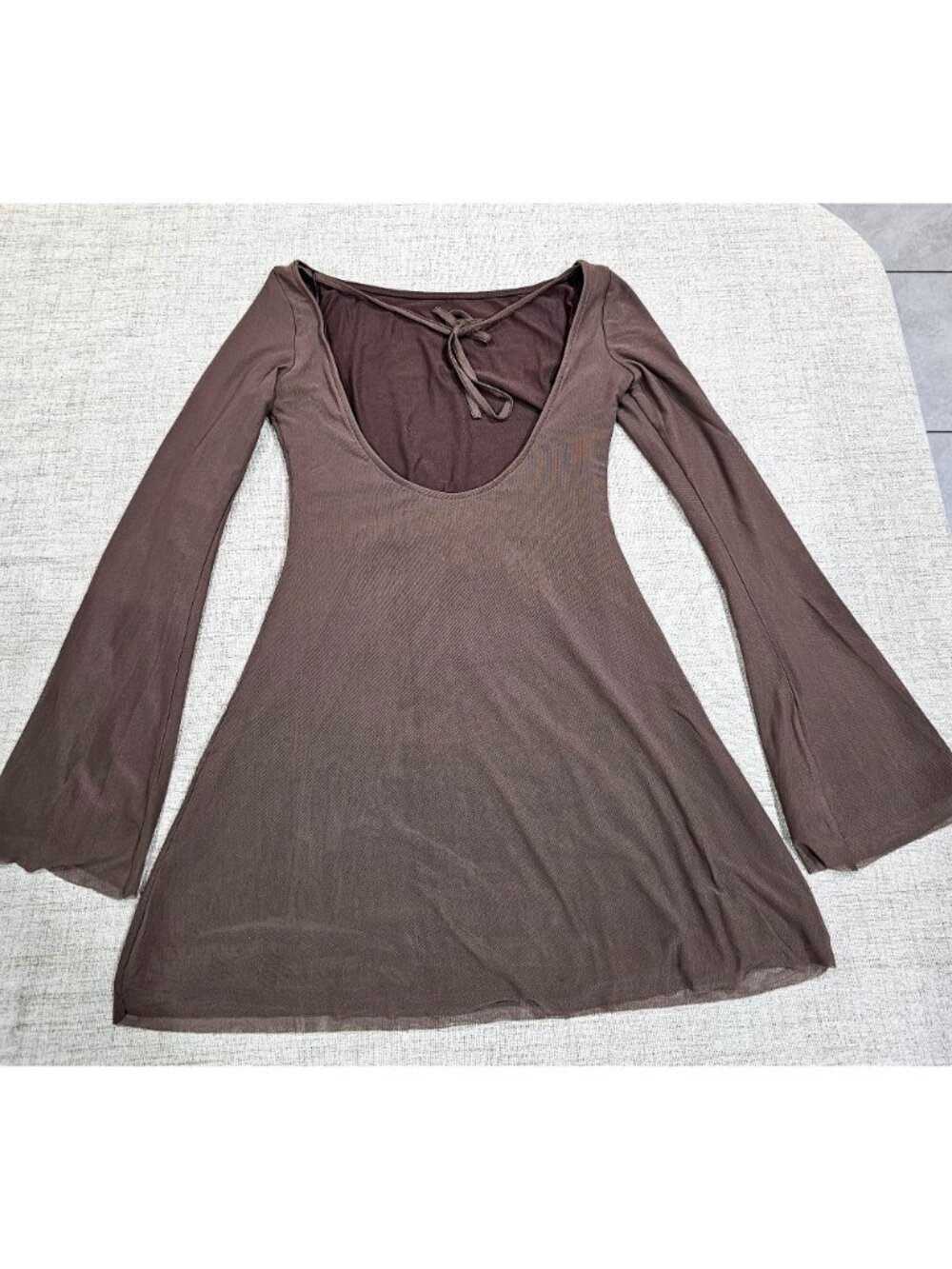 Princess Polly Lukea Brown Mesh Mini Dress Long Sleeve Tie Back Size 2 - Picture 4 of 5